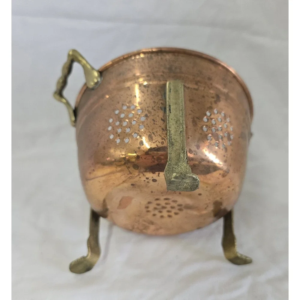Vintage Small Copper Footed Colander Berry Strainer Brass Feet Cottage Farmhouse